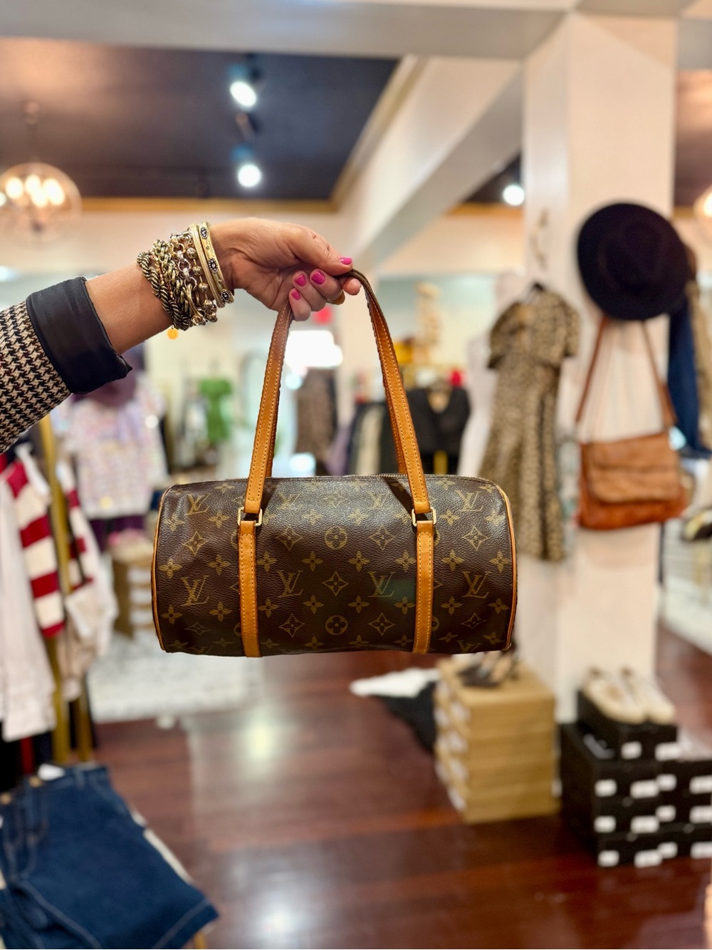 Louis Vuitton Monogram Canvas Papillon Shoulder Bag with Tan Handles